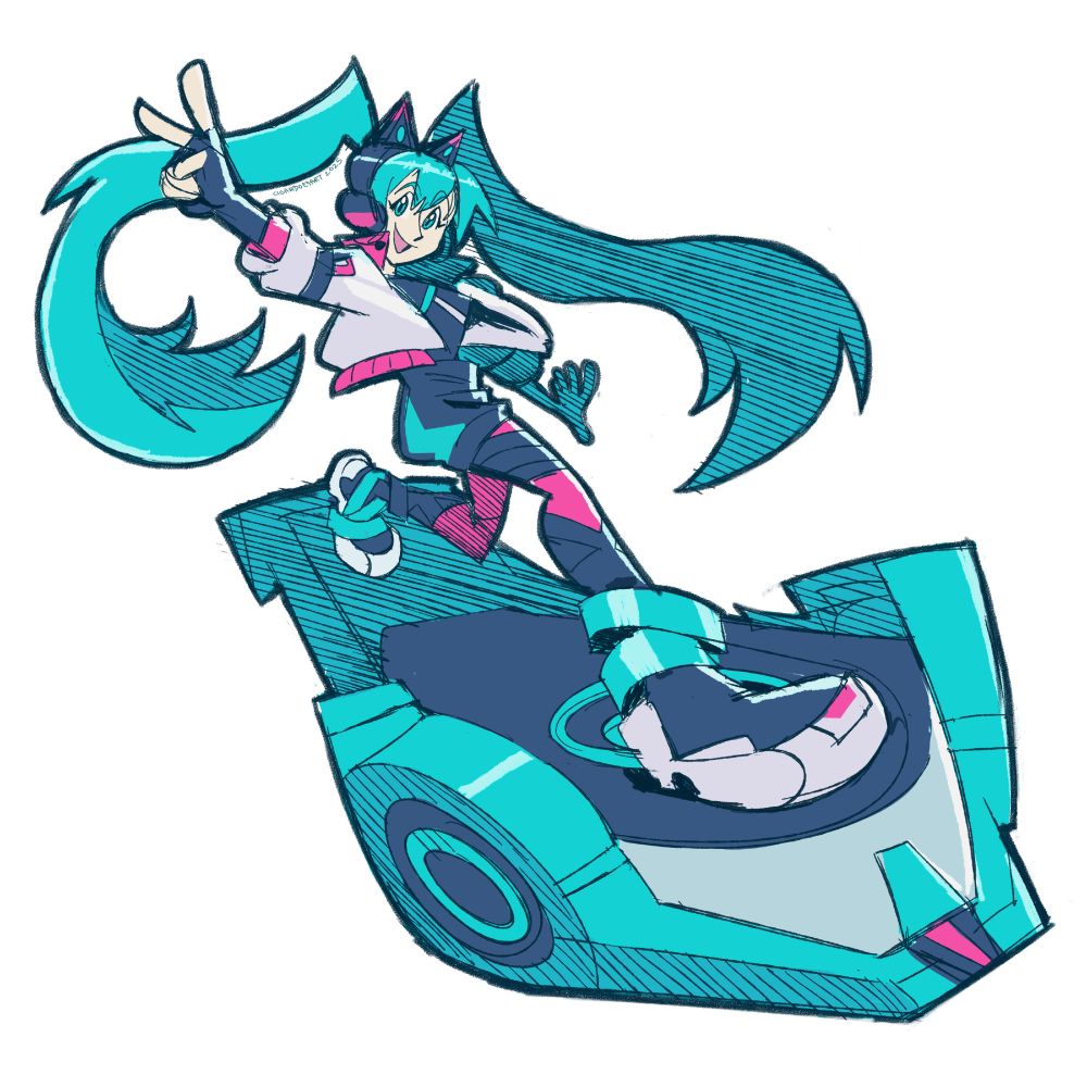 A drawing of Hatsune Miku in her Sonic Racing Crossworlds outfit, the sketchy style is my attempt at mimicking the Sonic Riders art.