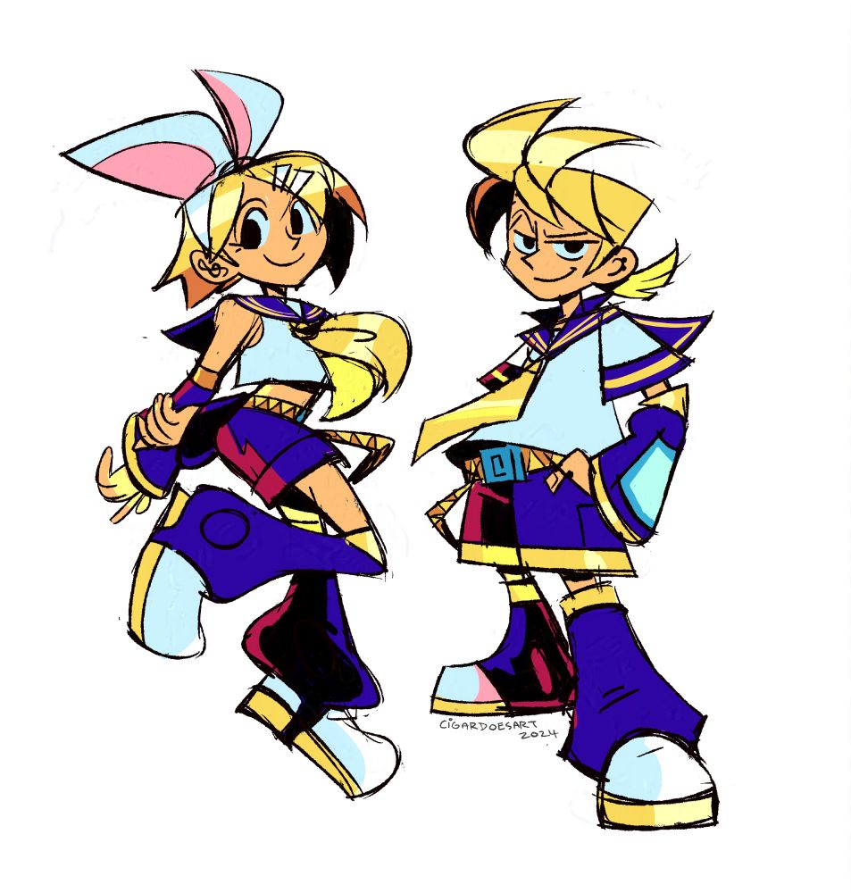 sketchy drawing of both rin and len kagamine on a white background. 