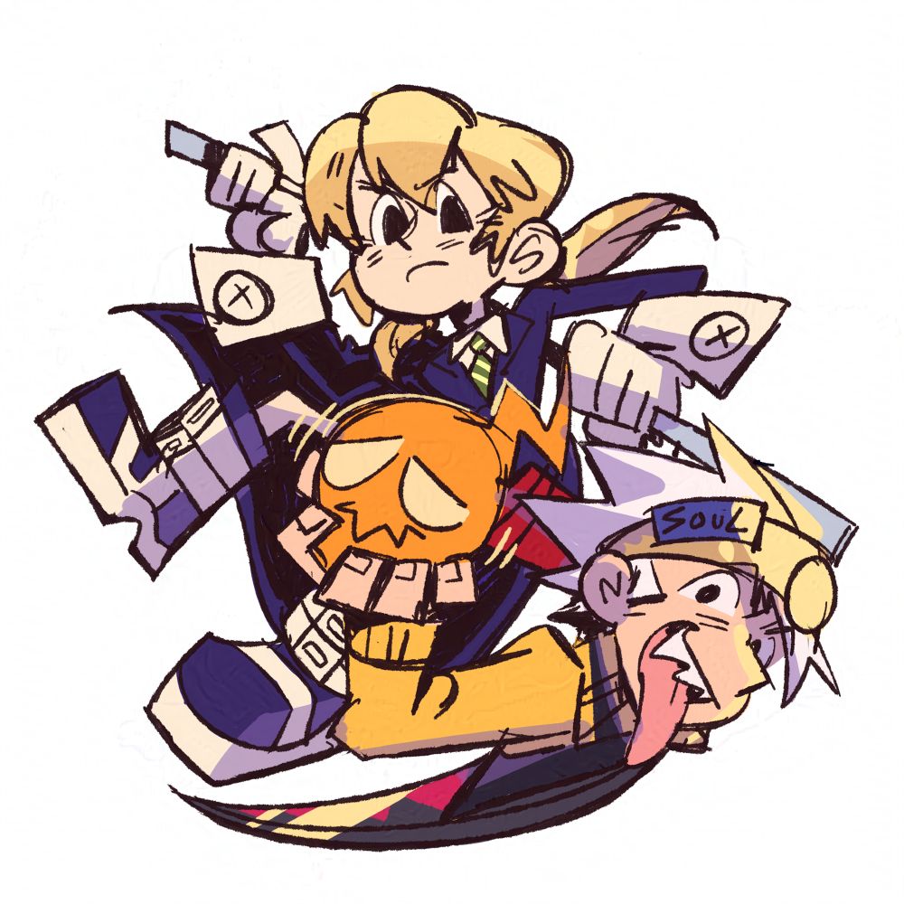Drawing of Maka Albarn and Soul Evans from Soul Eater, posing together with Soul appearing out of the scythe and holding an orange lil ghost.

