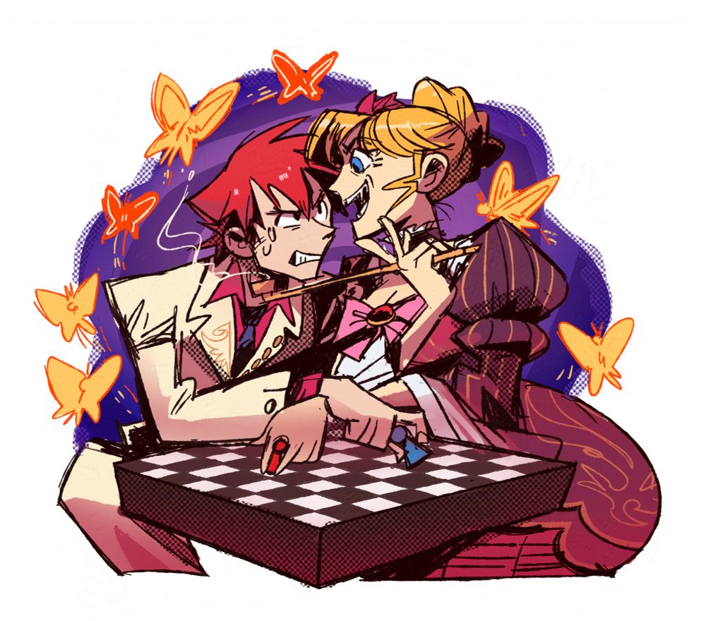 A drawing of Battler and Beatrice from Umineko. They're in a game of chess, with Beato taunting and laughing at Battler. Golden butterflies surround them.