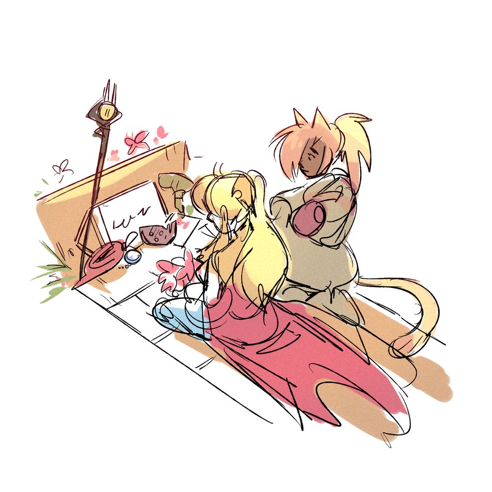 A second part of the drawing showing Lyse and M'Naago kneeling at a small gravesite surrounded by belongings of family members. Papalymo's staff and Yda's eyemask can be seen.
