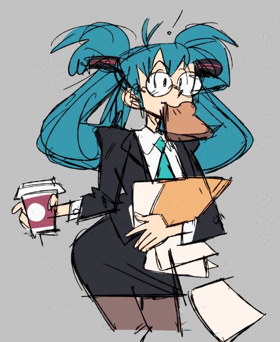 Office Miku, trying to carry her lunch and paperwork...
This was part of a basic dating sim style office AU i was drawing her and others in...
