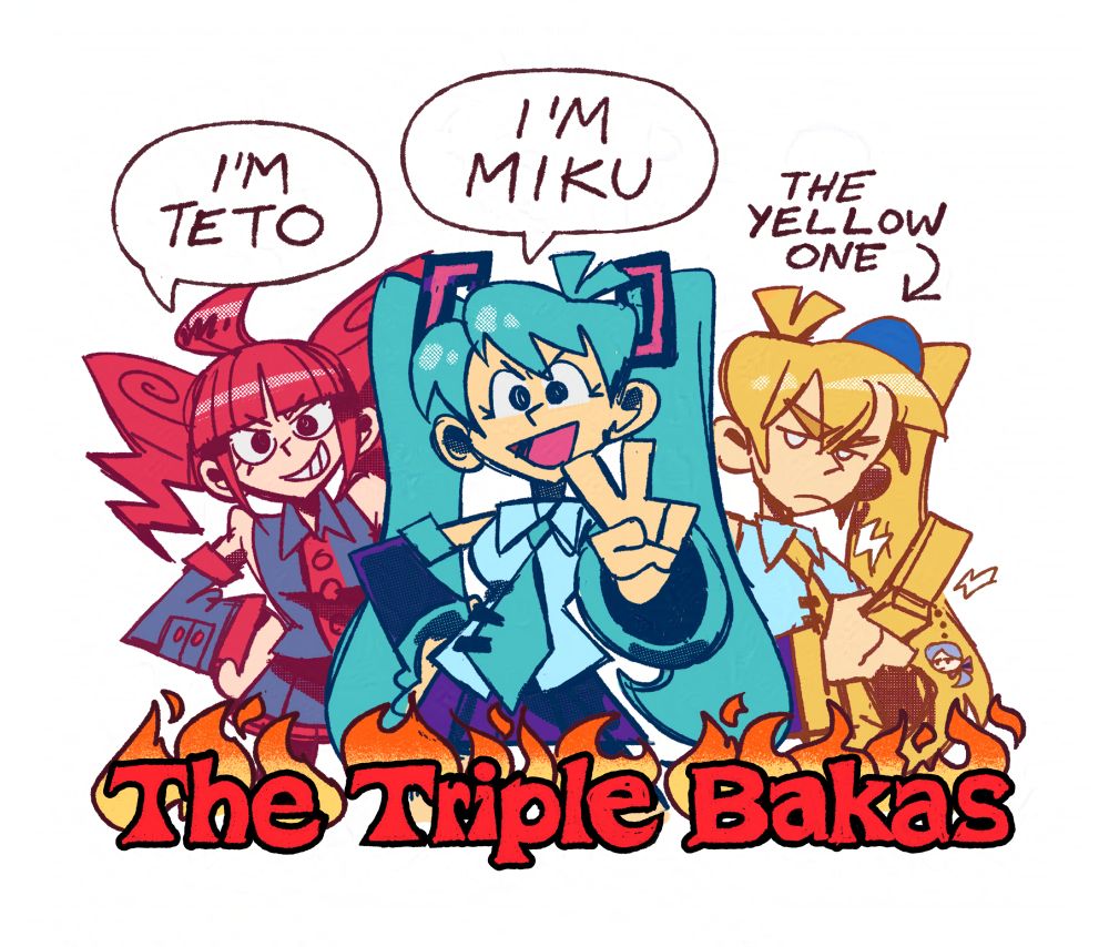 Drawing featuring Teto, Miku and uhh... - The Triple Bakas!
(PS I know who Neru is)