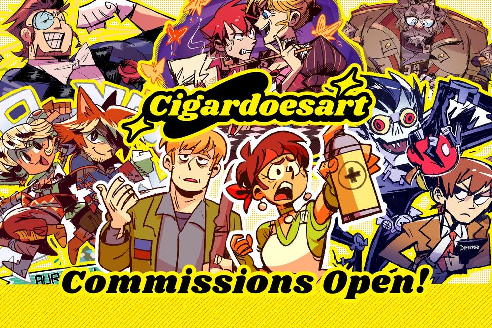 Image featuring my commissions artwork examples, text reading 'Cigardoesart - Commissions open!'