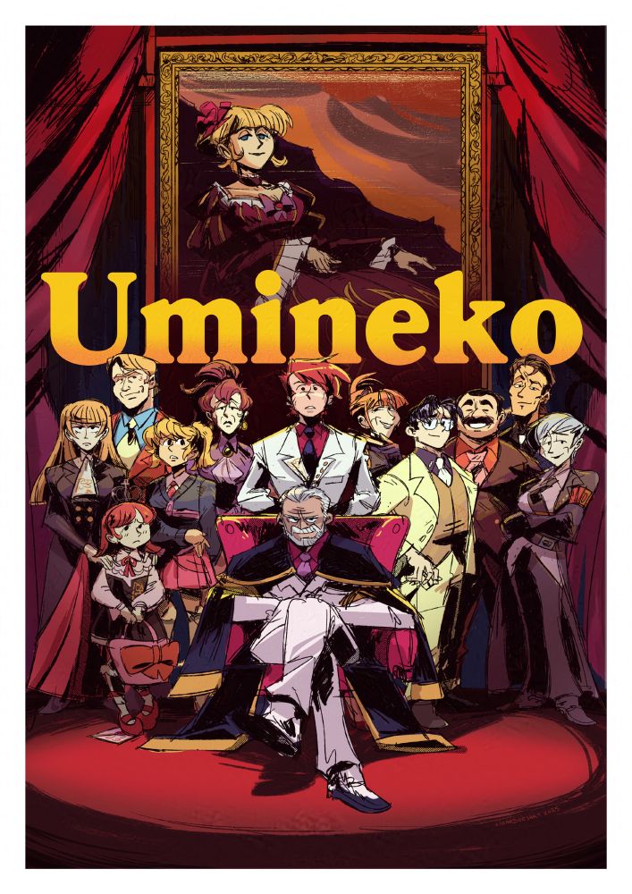 Post style fanart of Umineko, with the Ushiromiya family underneath the painting of Beatrice. Yes it's also a redraw of the Knives Out movie poster hehe.