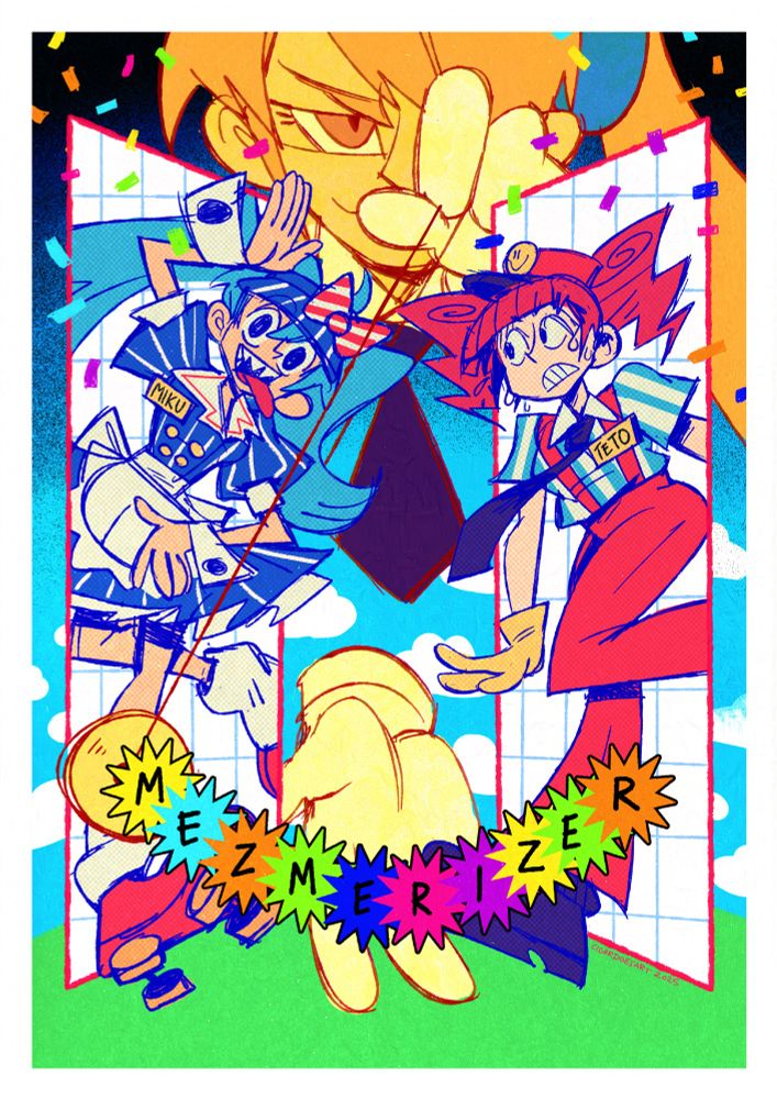 Fanart of 32ki's Vocaloid song 'Mesmerizer'!
Akita Neru swings a pendulum in front of Hatsune Miku and Kasane Teto in the middle of their dancing, Miku appearing to have succumbed while Teto is panicking... eek!