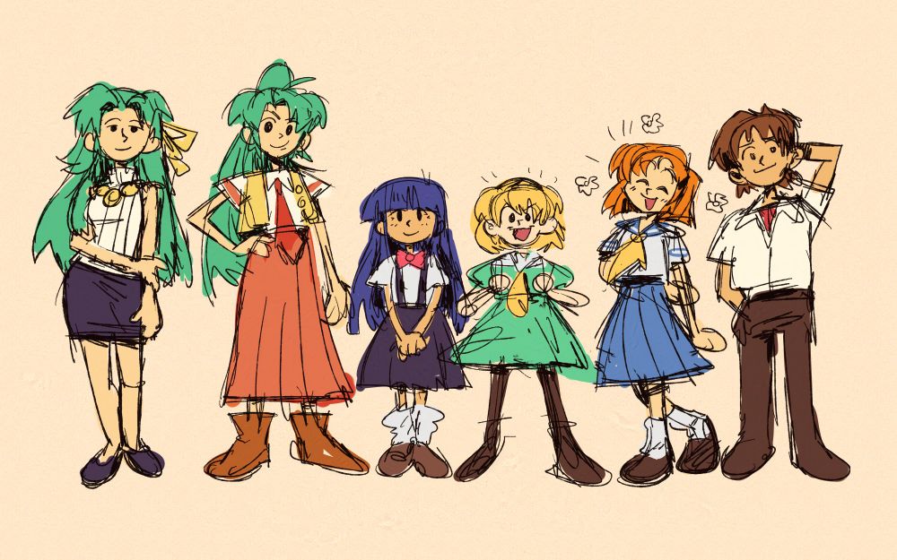 A sketchy doodle of the cast of Higurashi When They Cry, in a line

From left to right: Shion, Mion, Rika, Satoko, Rena and Keiichi