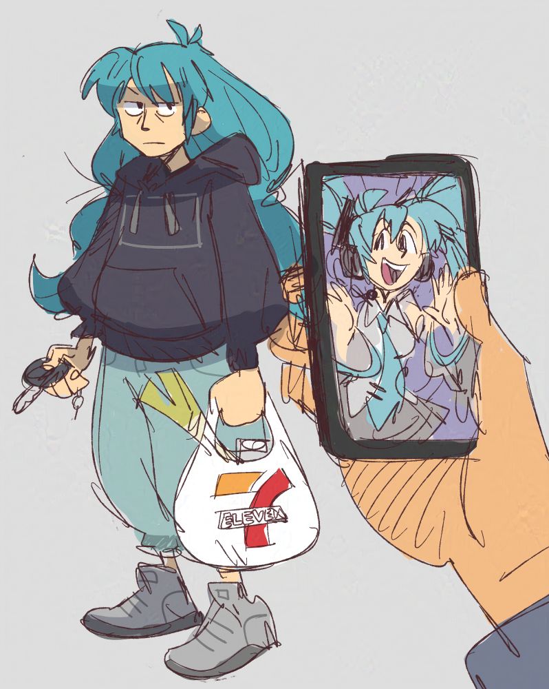 Miku being interrupted by some nosy fan trying comparing her more plain look (she's trying to get home from a 7-eleven) to a picture of her diva attire on their phone.