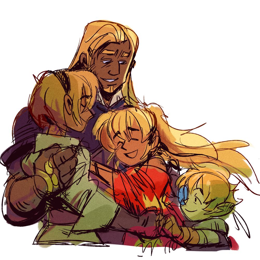 FFXIV fanart of Lyse happily embracing her family, Yda and Papalymo sneak in a little fistbump while her dad Curtis holds them close..