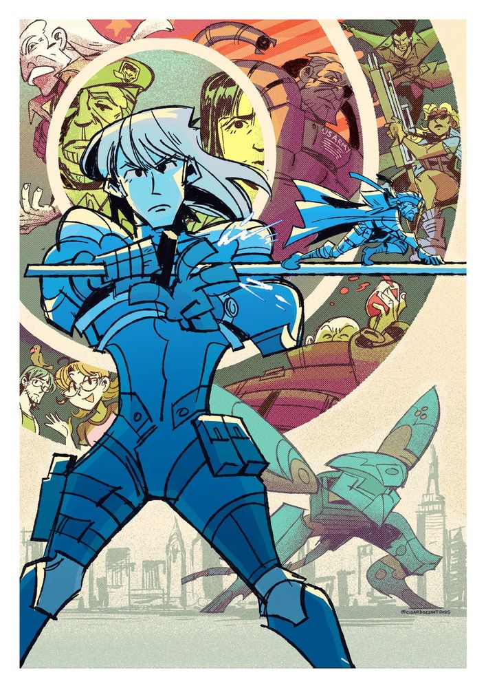Poster drawing of Metal Gear Solid 2, with Raiden posing with his blade and Solid Snake. The cast are detailed behind him alongside Metal Gear RAY and a New York background.