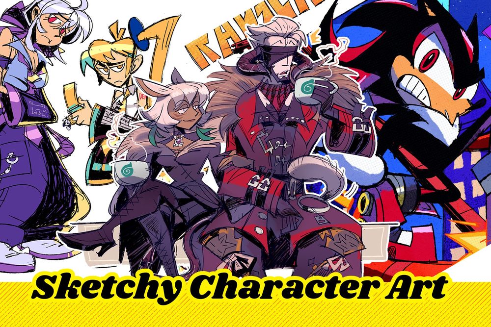 Image featuring examples of my 'sketchy character art' commission examples.