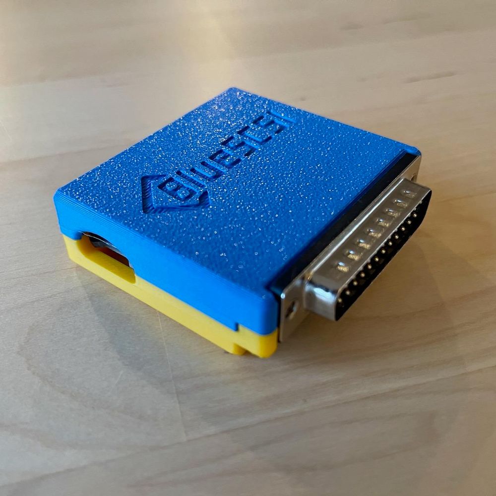 A blue and yellow BlueSCSI DB25