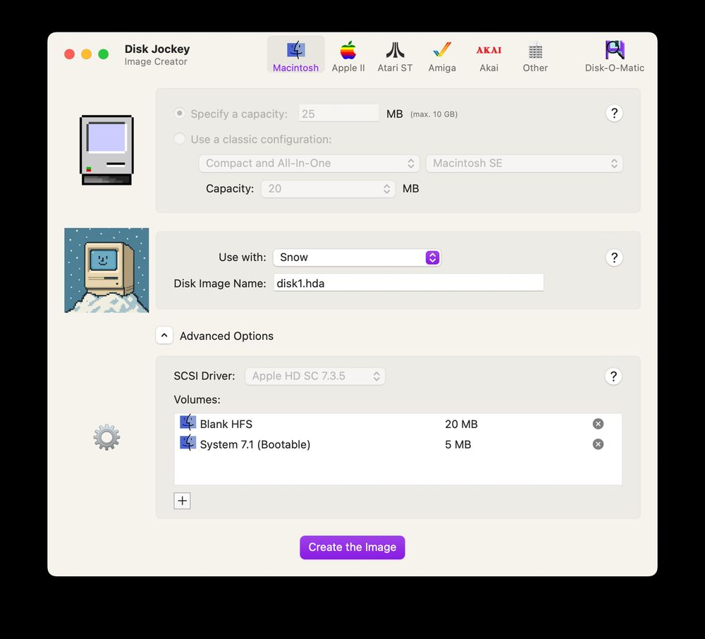 A screenshot of Disk Jockey showing the disk image creation interface set up to create an image for the Snow emulator