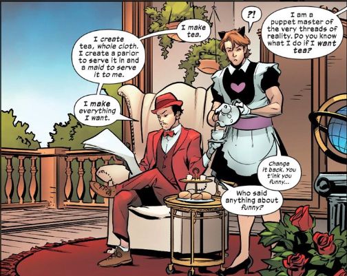 A panel from Excalibur (2019) featuring gambit in a maid outfit and cat ears