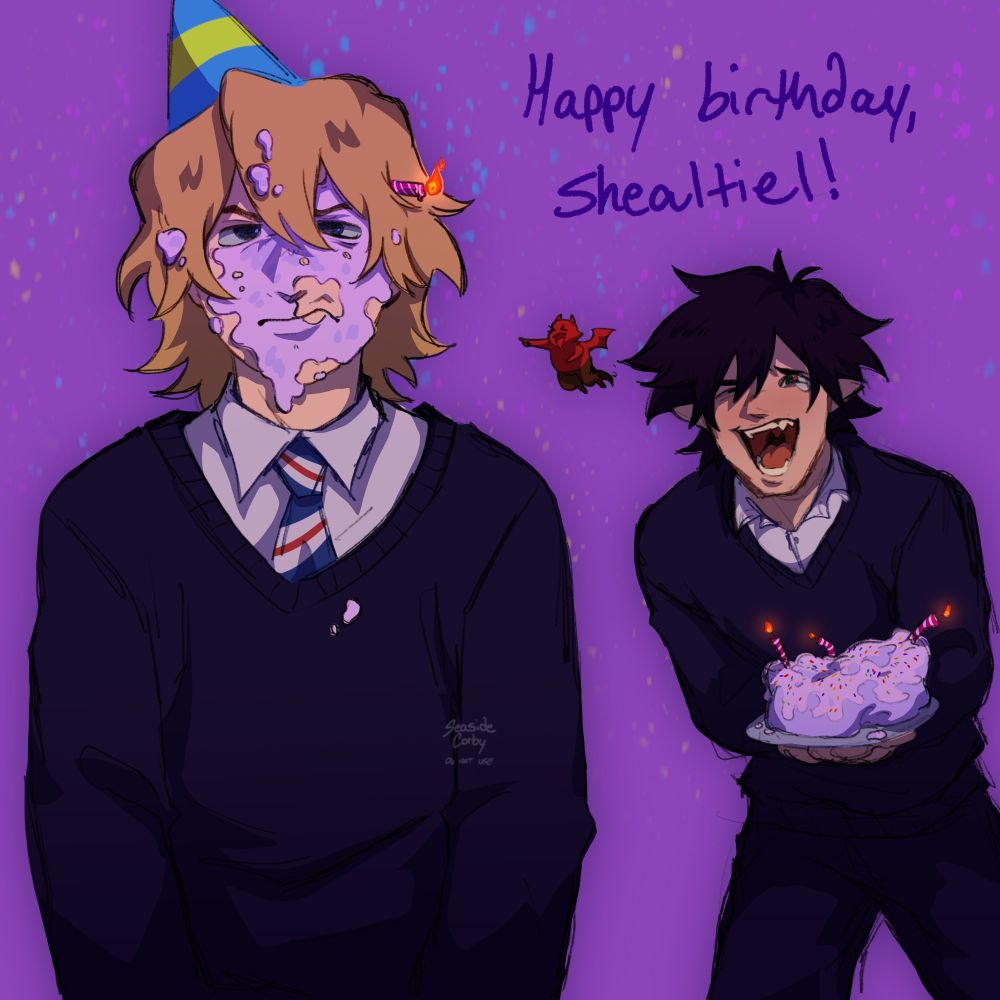 A digital drawing of Shealtiel, Luciferen, and Belias.
Shealtiel is standing off to the left with a very annoyed expression. His face is covered in icing and a candle is stuck in his hair. Luciferen is to the right, holding a ruined cake, and laughing. Belias is beside him, laughing and pointing. “Happy birthday, Shealtiel!” is written above them.