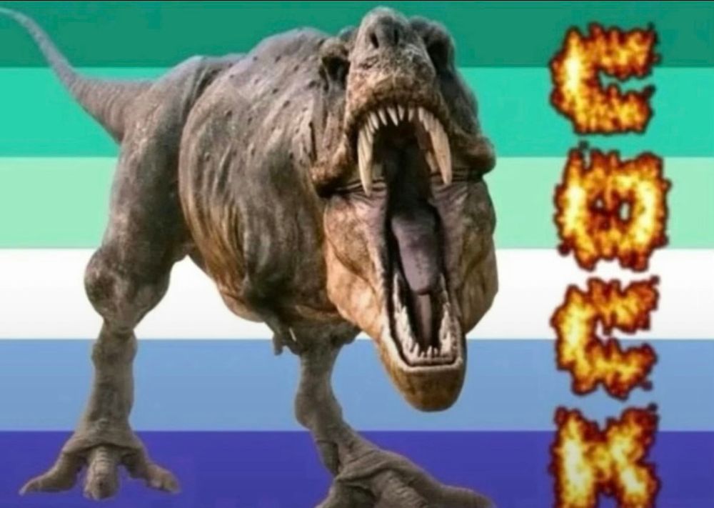 A mlm flag sith a trex, and the word “cock” in flames