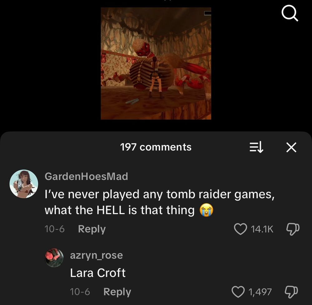 A photo of the Torso Boss from Tomb Raider 1, Lara is shooting it. The comment reads “i’ve never played Tomb Raider, what the HELL is that thing?” to which someone else replies “Lara Croft”