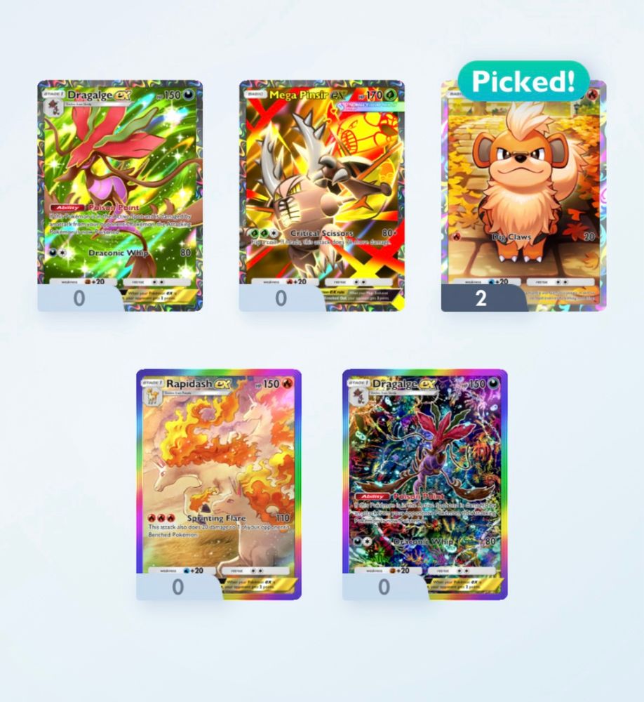 Pokémon TCG Pocket - a god pack in wonder pick, 2 full art EX, 2 rainbow rares and a normal uncommon illustration that I already had. I picked the card I already had.