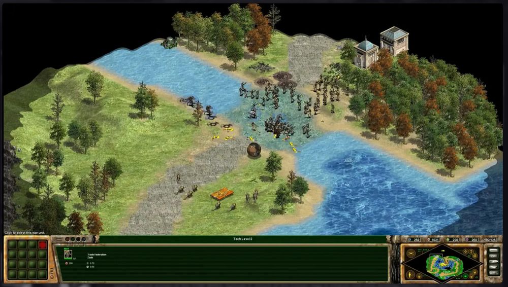 Another screenshot. Shield bubbles are visible around the Destroyer Droids - an EF addition. The selected unit showing speed and reload time is also an EF addition