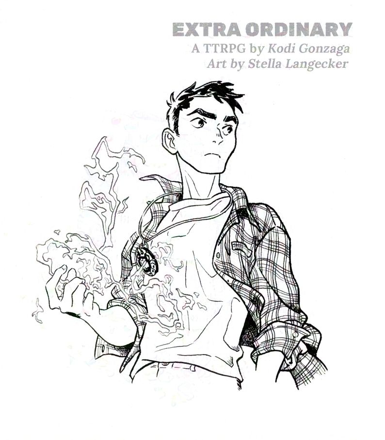 An ink-lineart drawing of a teenage boy in a checkered flannel shirt. Flickering jolts of energy emanate from an amulet around his neck and into his palm.