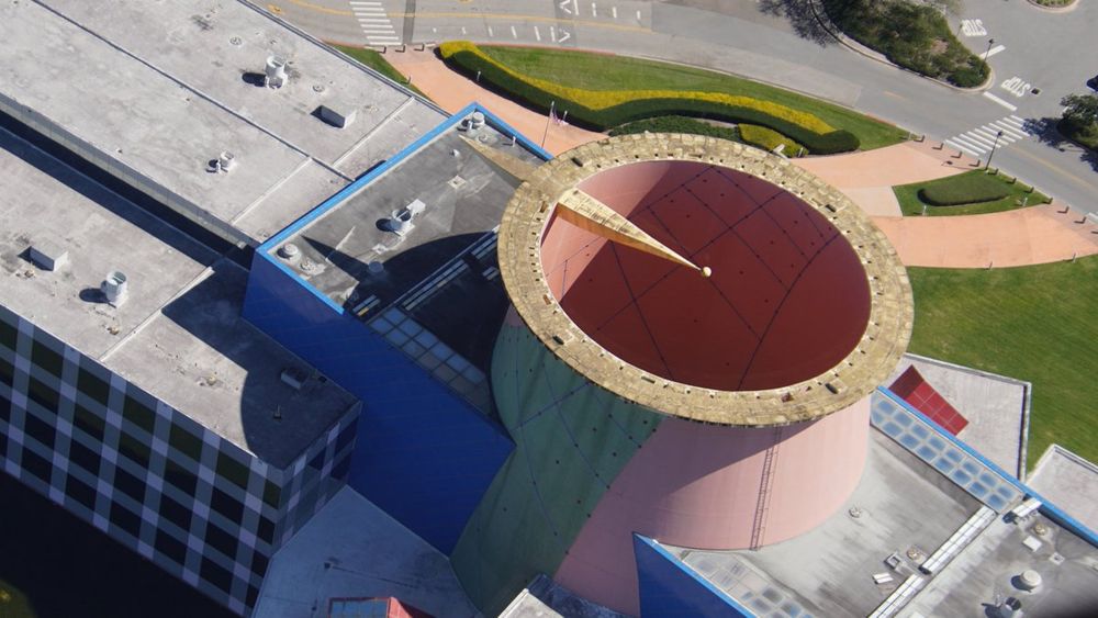 Aerial photograph of the Team Disney building in Orlando, FL looking down into the sundial atrium