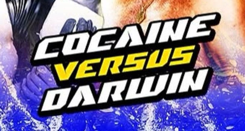 High impact title treatment of the phrase "Cocaine Versus Darwin" from an unknown source. Judging by what appears to be portions of muscular bodies around the edges, I'm going to assume some professional wrestling promotion or another.