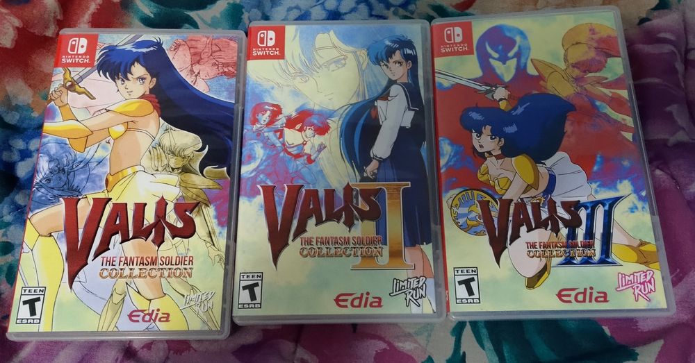 A photograph of the three English-language Valis: The Phantasm Soldier Collection releases for Nintendo Switch