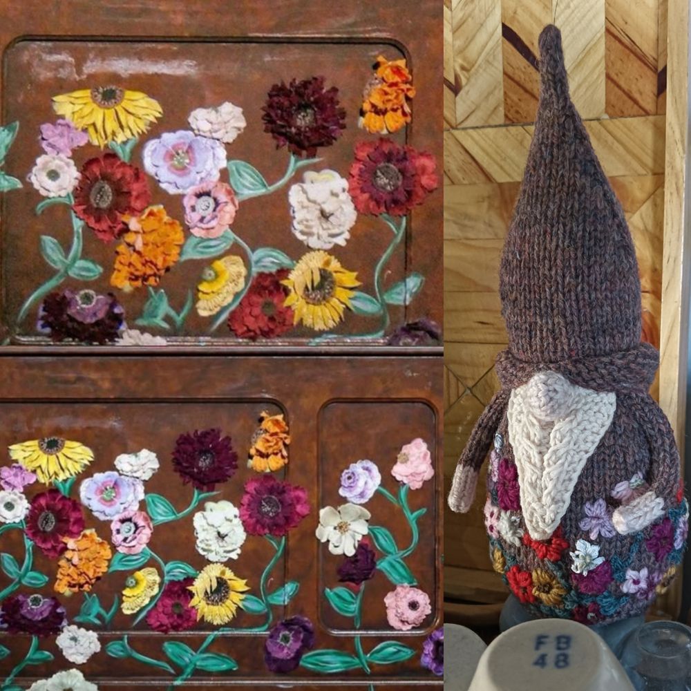 Collage showing the back panel of an upright piano covered in flowers and a small brown knitted gnome embroidered with Woolen and ribbon flowers around the base 