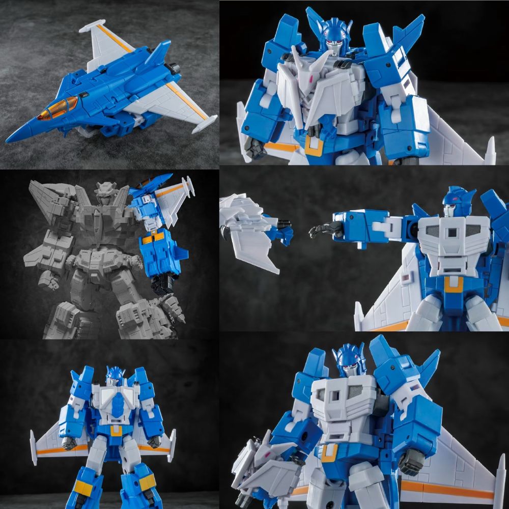 Composite image of the third party, legends scale, IF-EX67 Scythe of Bifrons, by Iron Factory. Scythe of Bifrons (official name is Hellbat) is one of the arms of the combiner Liokaiser. 

From top left to bottom right is Hellbat in jet mode (based on a Dassault Rafale jet fighter), Hellbat stood facing the camera with arms wide and at about half profile with breast armour, a silhouette image, with Hellbat coloured-in in arm mode, Hellbat at half profile and throwing his Breastmaster  (a bat known as Kōmoribreast) into action, Hellbat stood facing the camera with arms wide at full profile with Breast armour, and Hellbat again at about half profile looking at the camera but his Breastbeast as a gun.