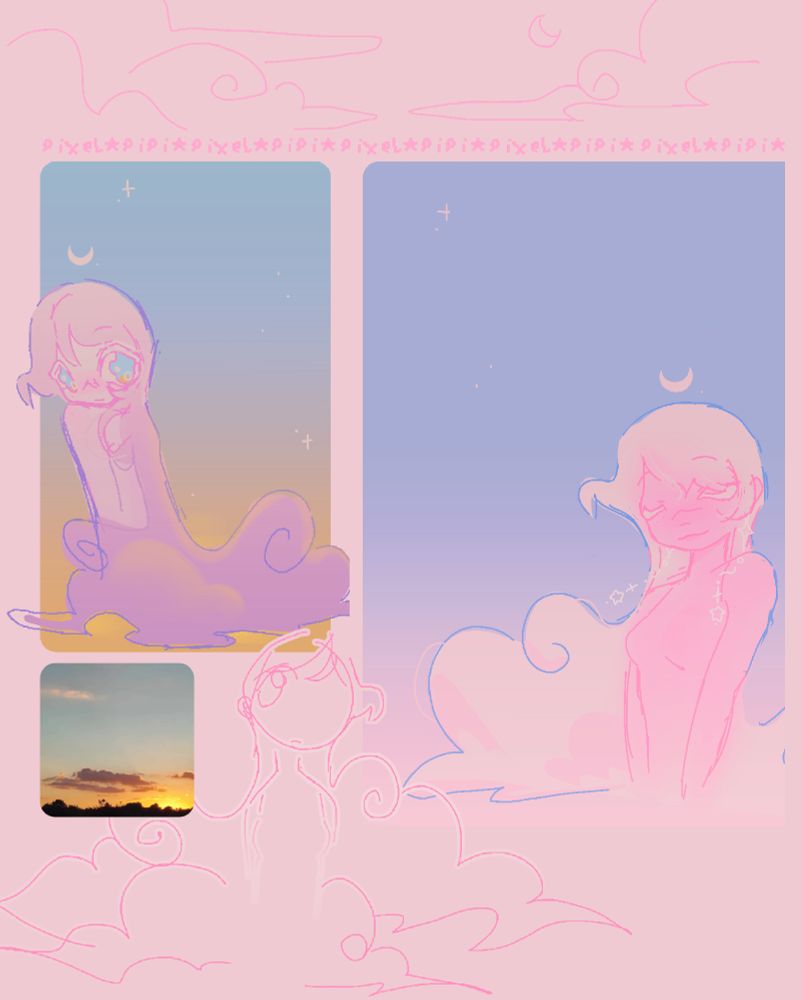 sketchy drawings of a woman with long white hair that turns to clouds, she has a small moon over her head and shes colored in soft tones of pinks and white, she has earrings made of stars