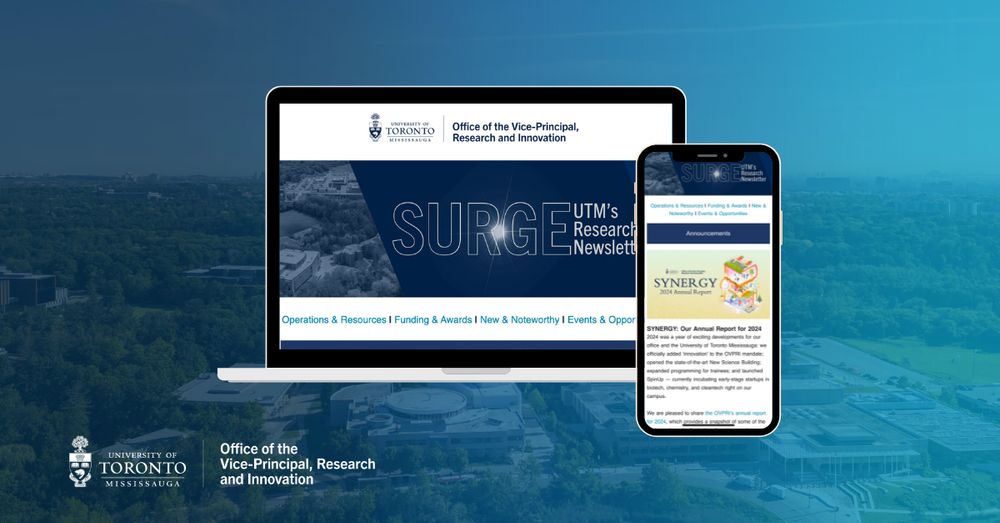 Laptop and mobile have a screenshot of the open newsletter, UTM campus in the background 