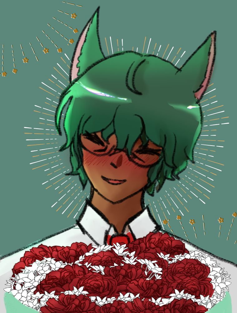 A drawing of Koana with a bouquet of flowers smiling.