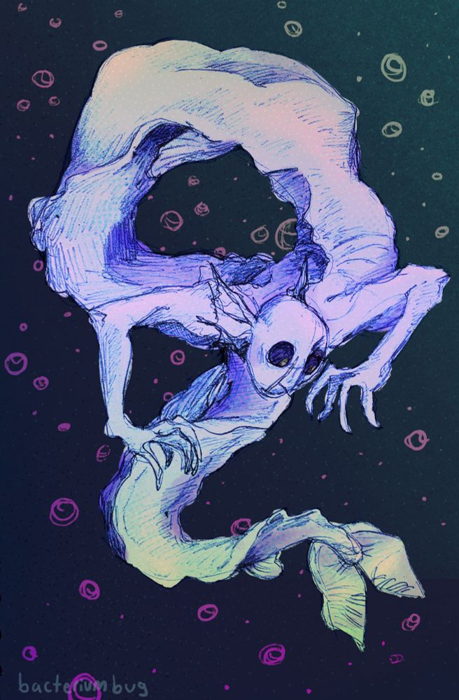 a light blue mermaid swims in a tangle, through a dark sea of bright pink bubbles. she is bald and has tusks so large she can’t close her mouth. She has a large nose and huge black eyes, and long claw-like fingers.