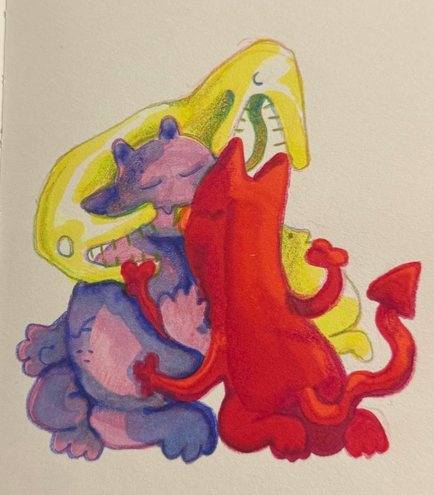 An illustration of three demons sharing a warm embrace. The one on the bottom left is a warm purple. He is fat and made of stone. He has little fangs, two nubby horns, and pointed ears. He holds the arm of the demon on the right, a taller slender red creature with four arms and a forked tail. They kiss with their tongues out. A demon behind them wraps its two heads around them, kissing the red demon with its tongue and looking lovingly at the both of their faces with its other head. It’s a soft cream color with notes of green, and has a sort of reptilian face.