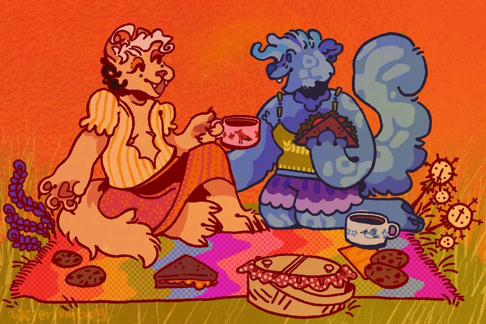 a light orange weasel wearing a yellow striped shirt and a red patterned wrap skirt sits with a blue spotted skunk wearing a green bug tank top and purple flower shorts. They are having a picnic on a rainbow striped blanket. They each have a teacup with a bird on it and eat sandwiches and cookies. Dandelions and lavender surround them as the sun sets.