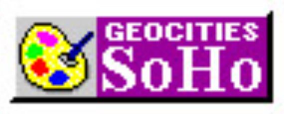 Purple Geocities-era banner with “GEOCITIES SoHo” written in whittle, with a pixelated color palette to the left 
