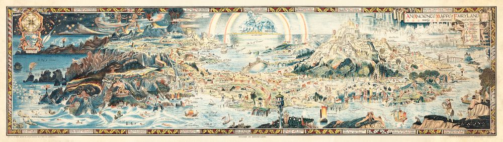 Map showing various worlds of myth, fairytale and folklore combined into one landscape