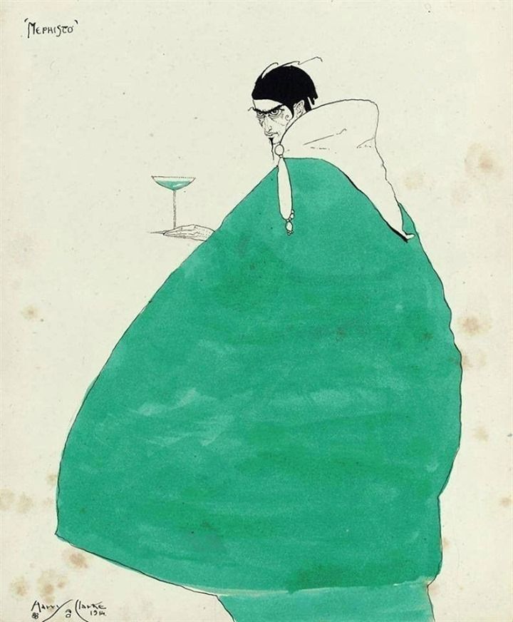 Figure in the large green cloak holding a glass with green liquid in it. To the top left the word Mephisto