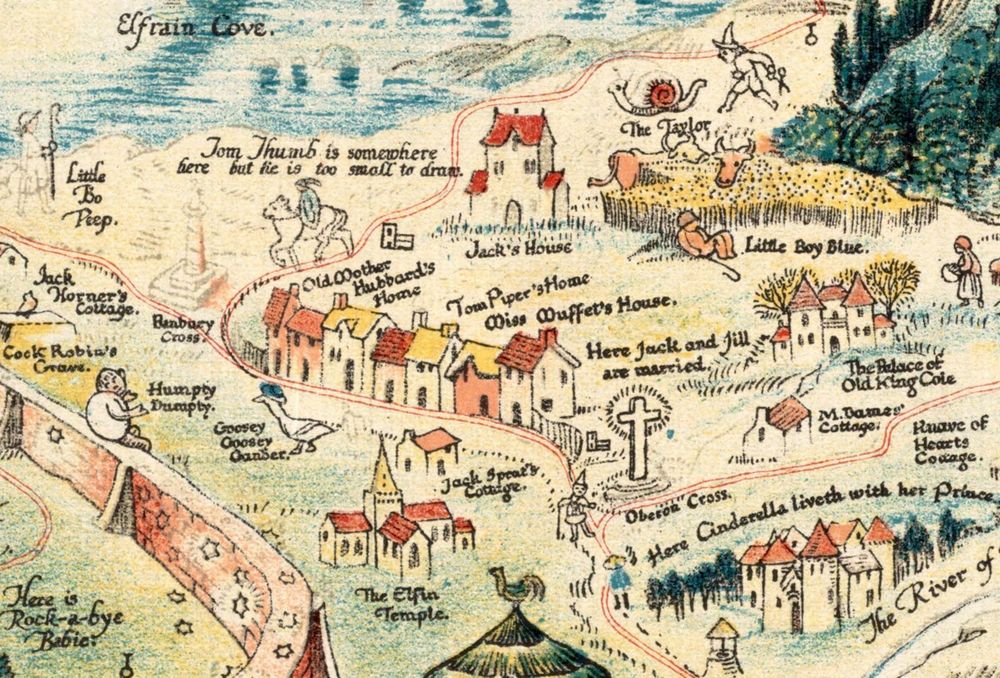 Map showing various worlds of myth, fairytale and folklore combined into one landscape