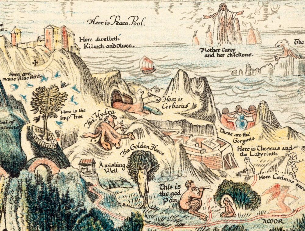 Map showing various worlds of myth, fairytale and folklore combined into one landscape
