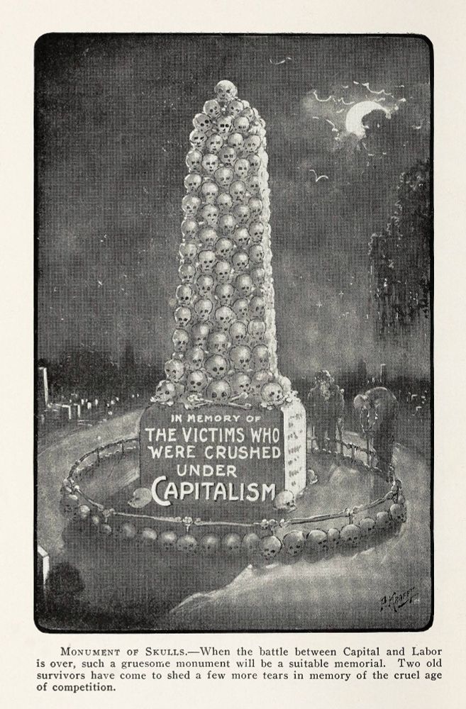 A nighttime illustration depicts a towering monument made entirely of human skulls, surrounded by a low fence also adorned with skulls. The base of the monument bears the inscription: “In memory of the victims who were crushed under capitalism.” Two elderly figures stand nearby, mourning. In the background, a crescent moon illuminates a somber sky filled with clouds and birds. Below the image is a caption that reads: “Monument of Skulls.—When the battle between Capital and Labor is over, such a gruesome monument will be a suitable memorial. Two old survivors have come to shed a few more tears in memory of the cruel age of competition.”