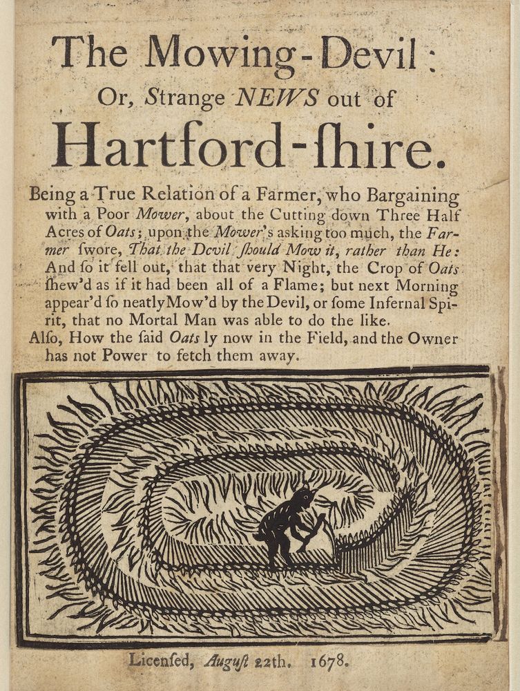 Title page of pamphlet with woodcut showing devil mowing field in circular fashion 
