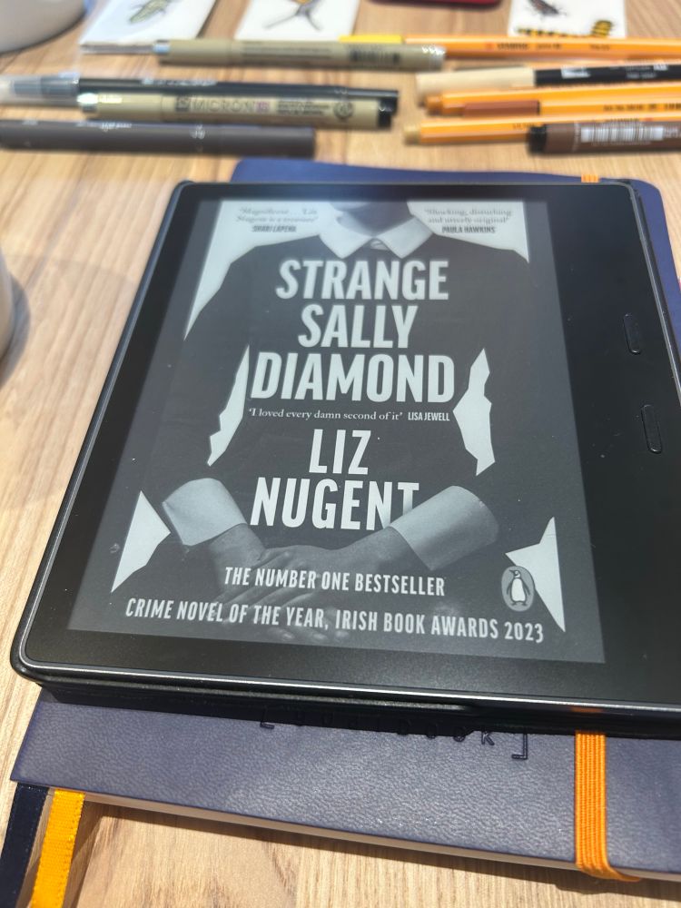 Kindle with the cover of a book displayed on the screen. Book is called strange sally diamond by liz Nugent. Kindle is sitting on top of a navy blue notebook 