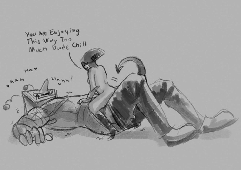 digital sketch of queen riding tenna while he babbles incoherently. queen is saying "you are enjoying this way too much dude chill"