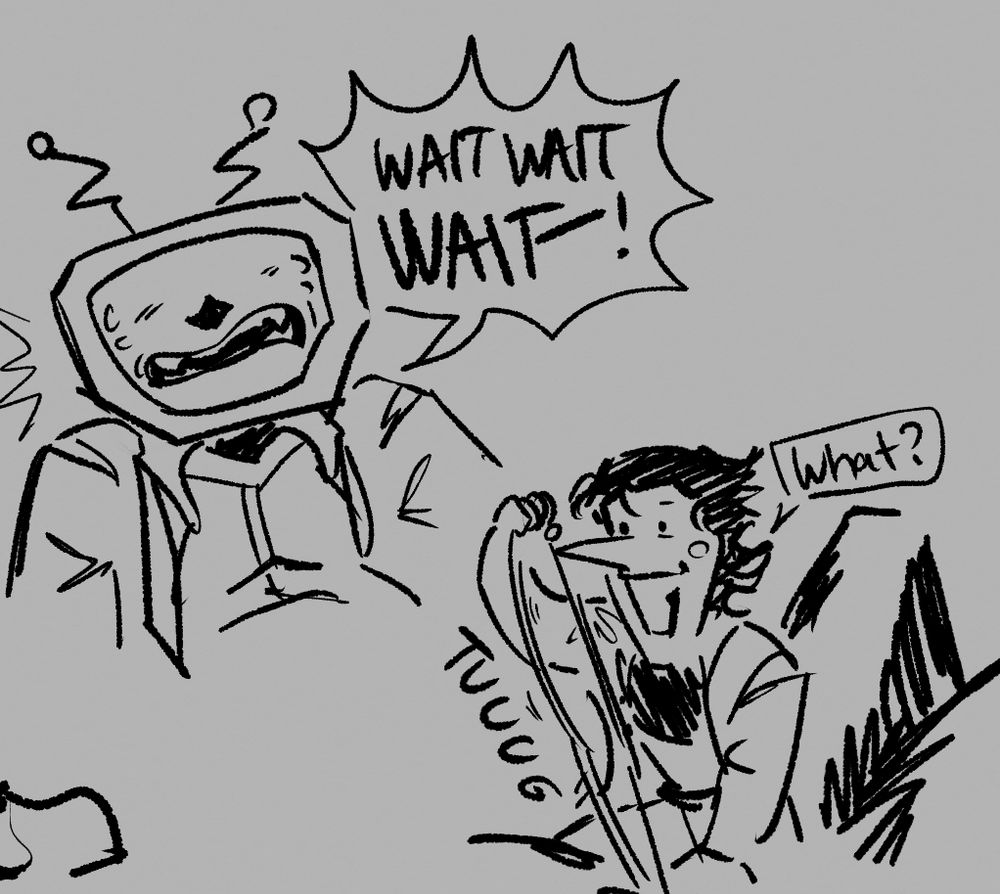 tenna exclaims "wait wait wait!" and spamton asks "what?" while tugging the wire.