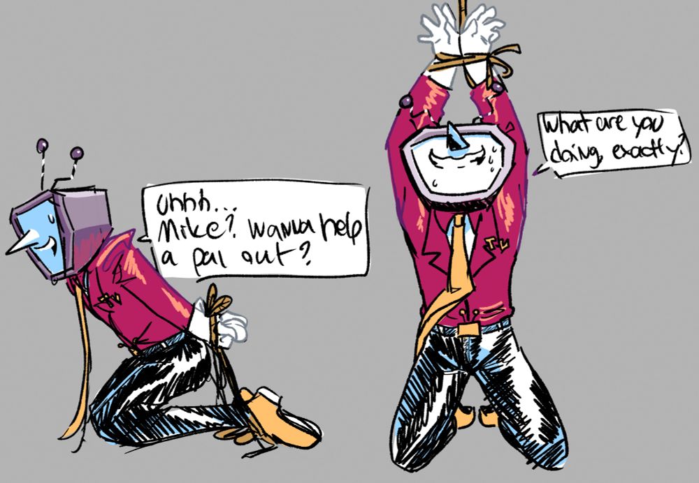 tenna from deltarune tied up on his knees