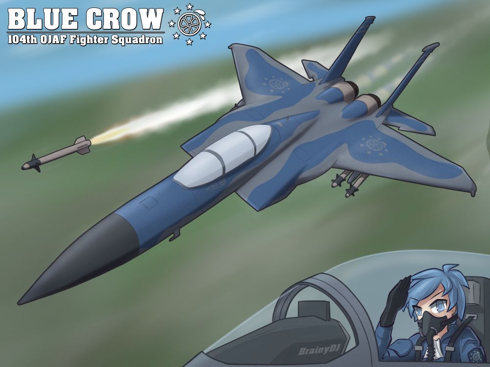 A drawing of an F-15C fighter jet firing an Aim-9 missile to the left. In the foreground is a close-up of the cockpit with Peat from 100% Orange Juice piloting.