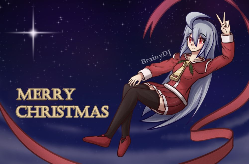 Suguri from 100% Orange Juice in a Christmas outfit flying in a night sky.