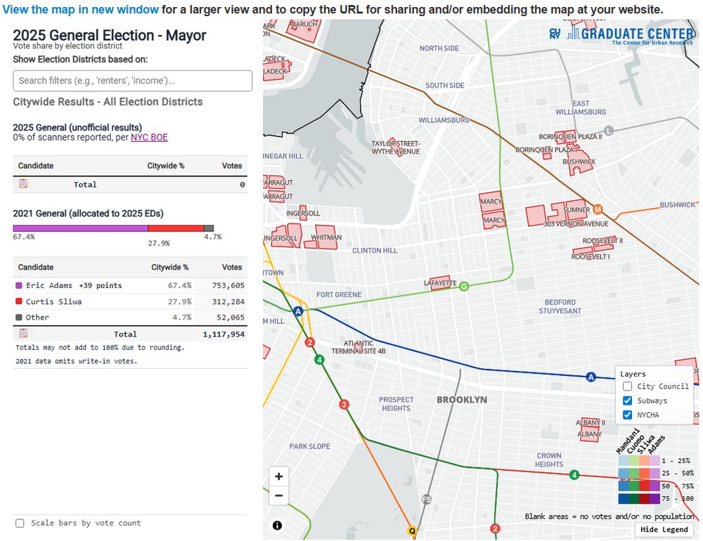 CUNY Grad Center interactive 2025 mayoral election map screenshot showing NYCHA sites and subway routes