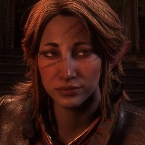 an elf with beige skin, scars across his face, purple eyes, and orange-blond hair. he's slightly smiling/smirking and looking off the screen